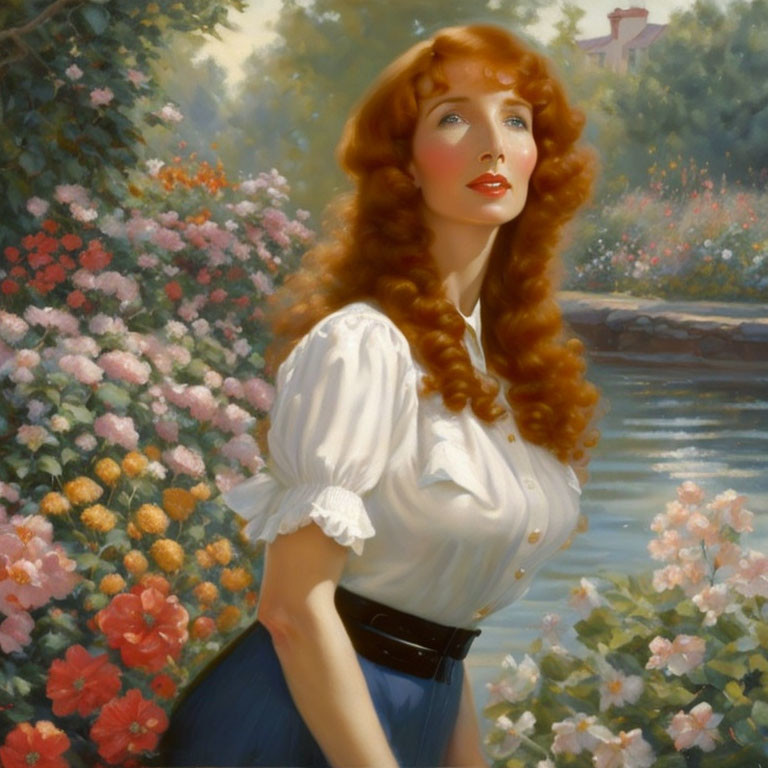 Woman with Long Red Hair by River and Rose Bush