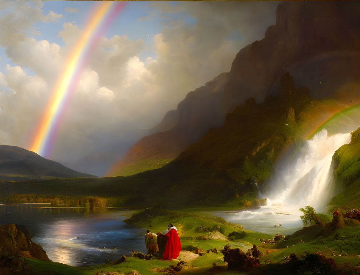 Vibrant rainbow, majestic waterfall, person in red cloak, serene lake in idyllic landscape