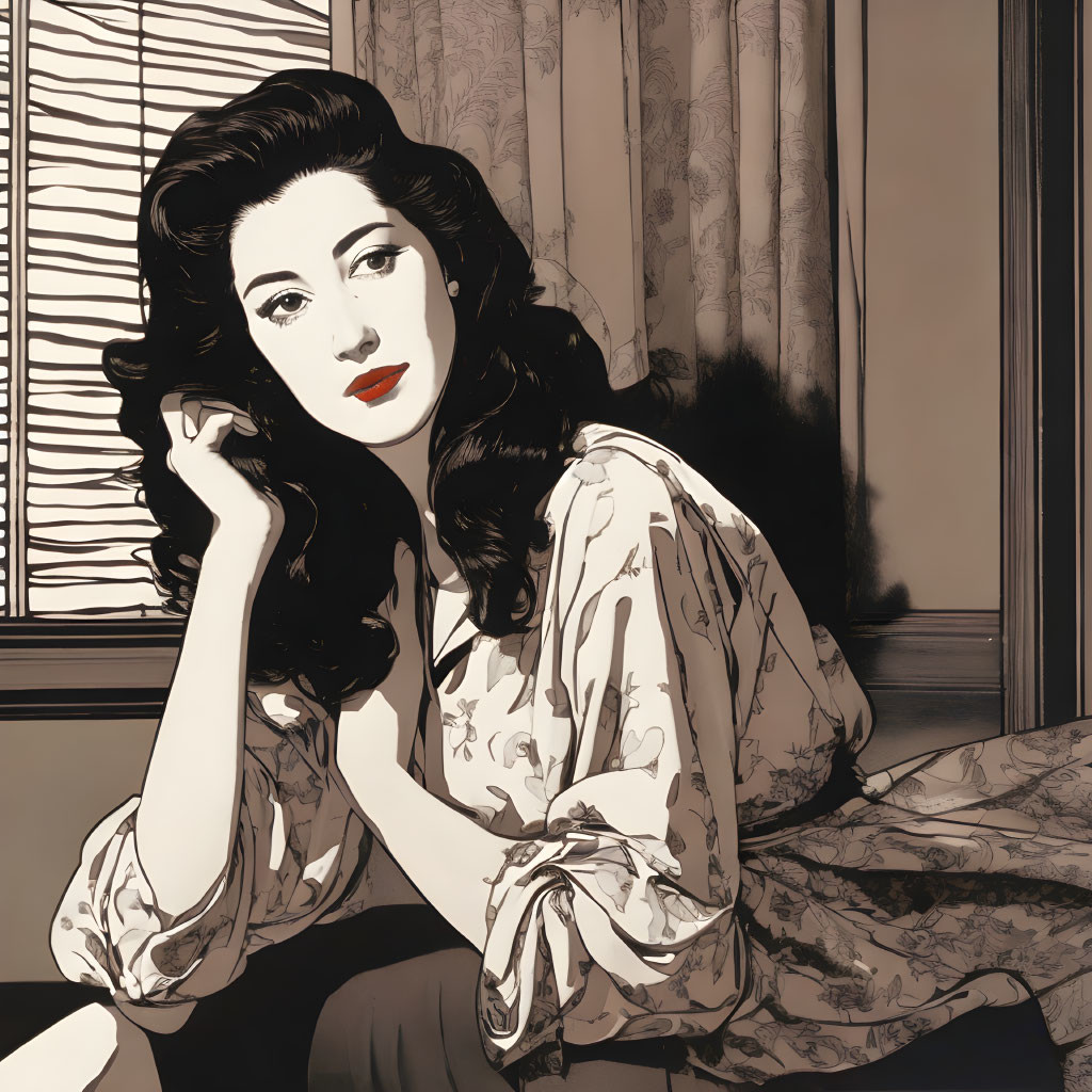 Monochrome style illustration of woman with black hair and red lipstick by a window