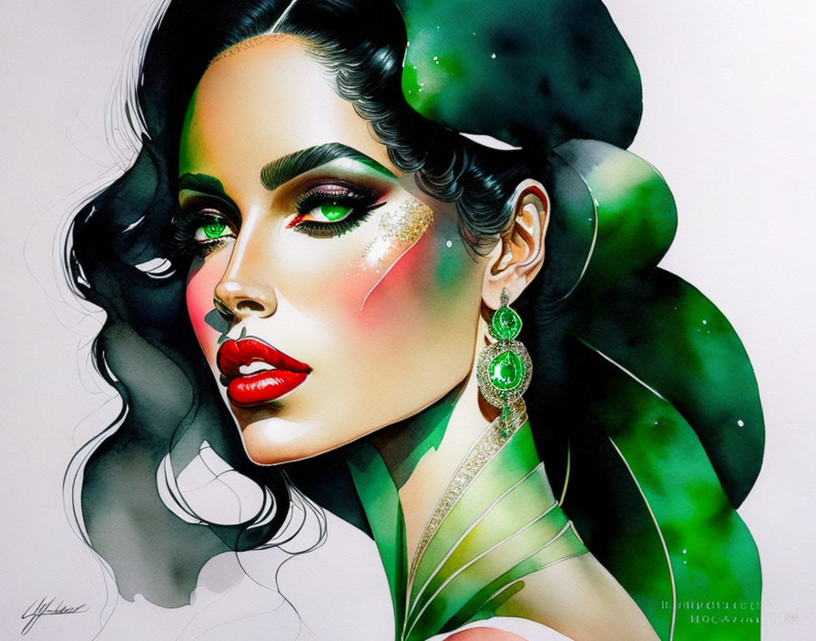 Vibrant woman portrait with flowing hair and green makeup