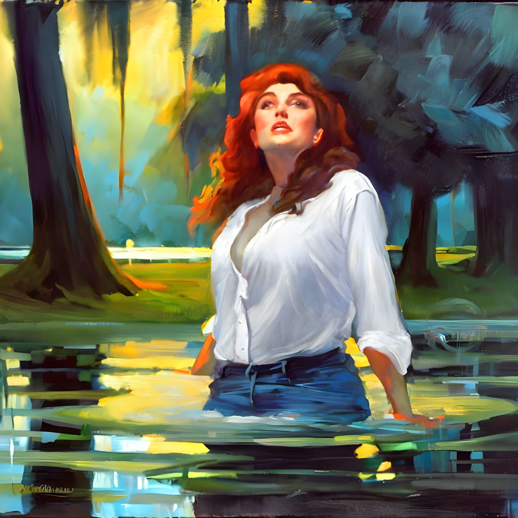 Vibrant painting of woman with red hair by reflective water