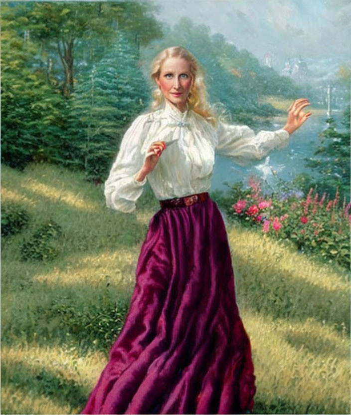 Woman in White Blouse Smiling in Sunlit Garden