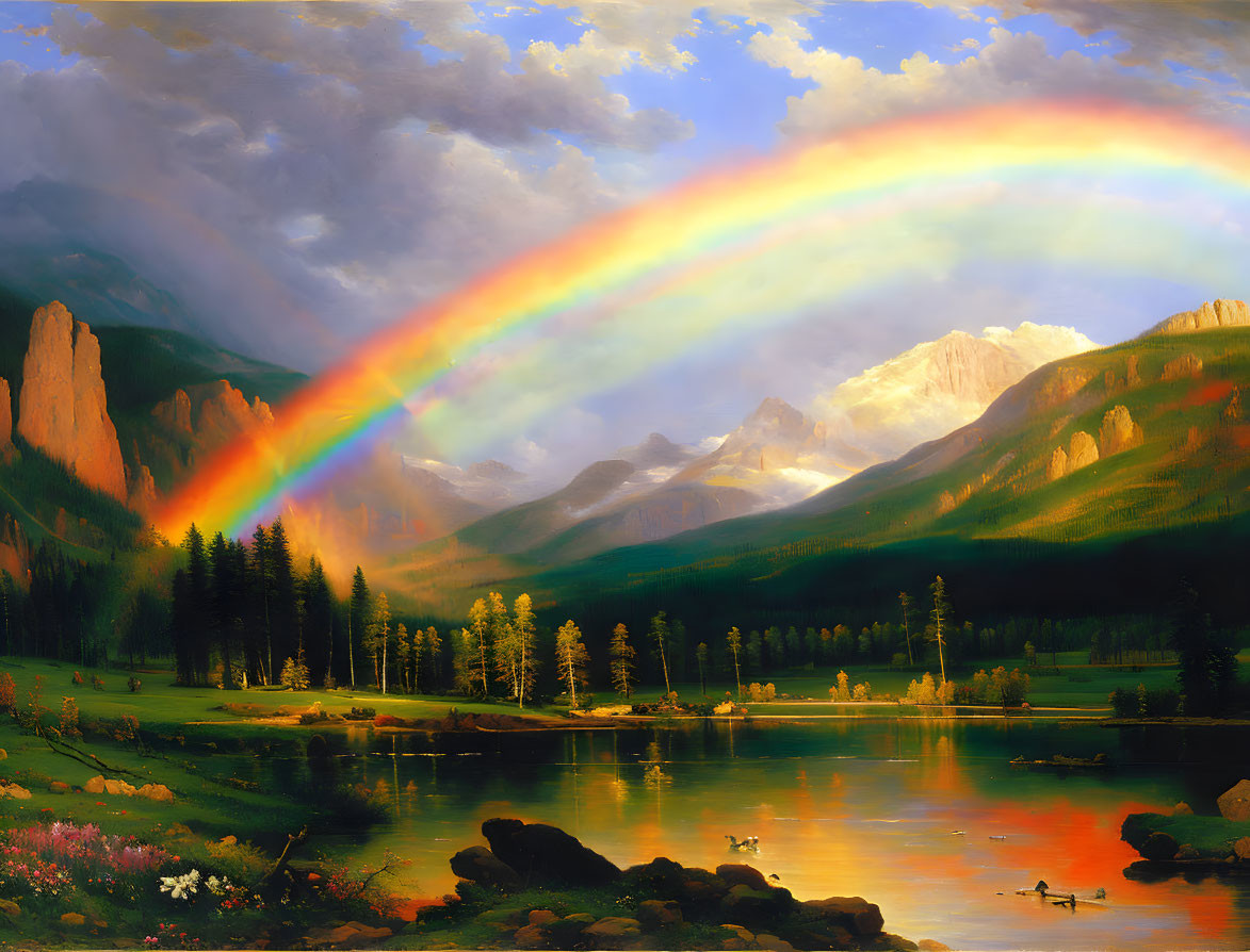 Colorful Rainbow Over Mountain Valley with Lake, Pine Trees, and Ducks at Sunset