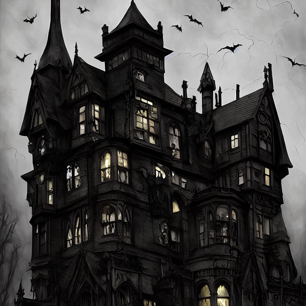 Gothic-style haunted house with lit windows, towering spires, and flying bats