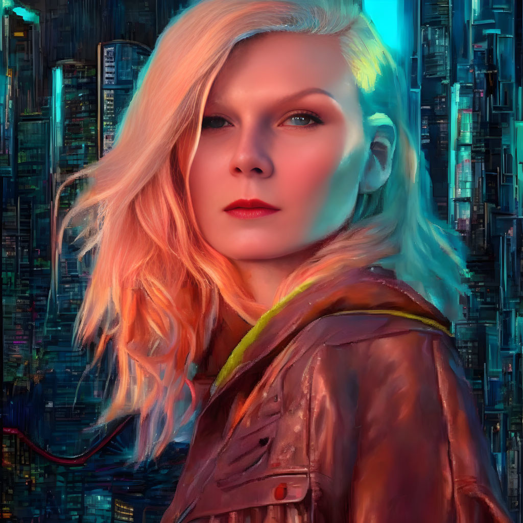 Blonde woman in leather jacket against neon cityscape