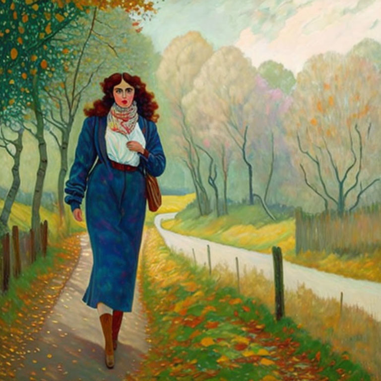 Woman Walking on Tree-Lined Path in Autumn Scene