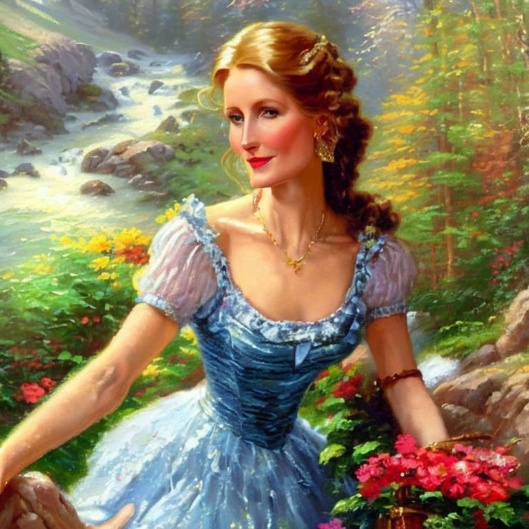 Woman with braided hair in blue dress by serene forest stream