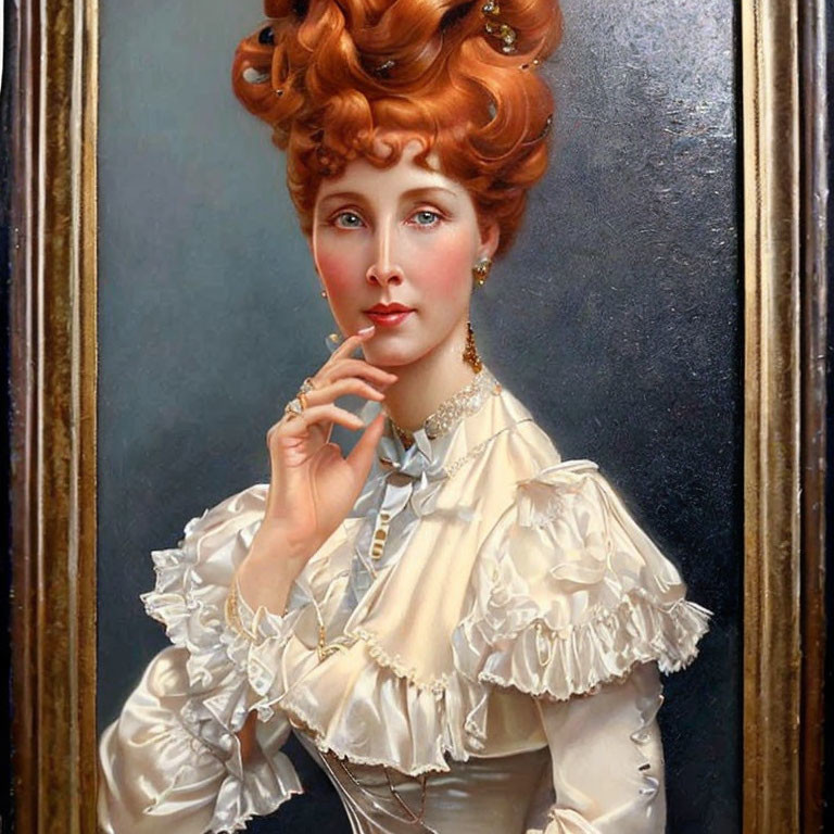 Elaborate Redhead Updo Woman Portrait in Cream Blouse