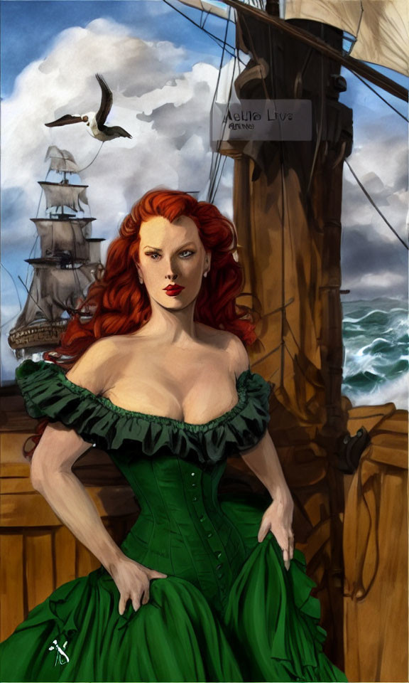 Red-haired woman in green dress on ship deck with seagull and cloudy sky