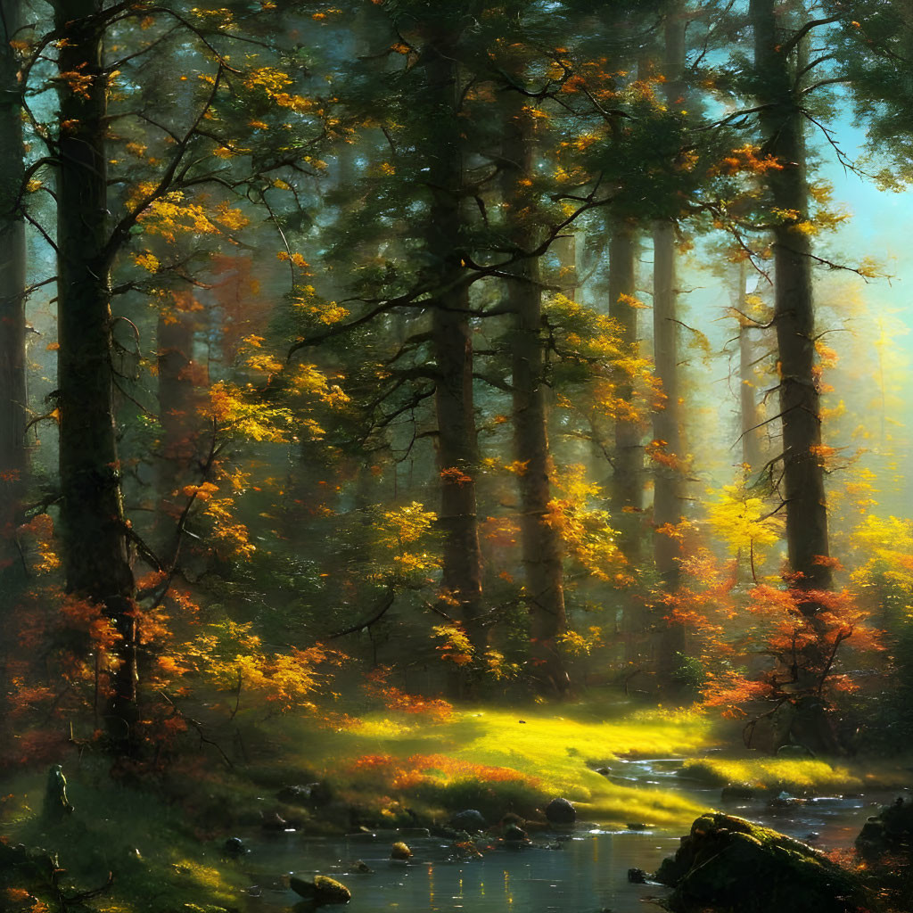 Serene forest scene with sunlight filtering through autumn leaves