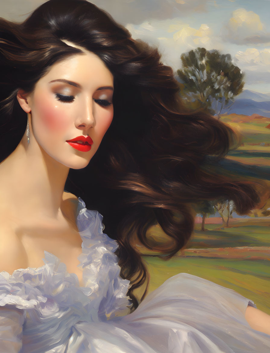 Woman with Dark Hair in White Dress Against Pastoral Landscape