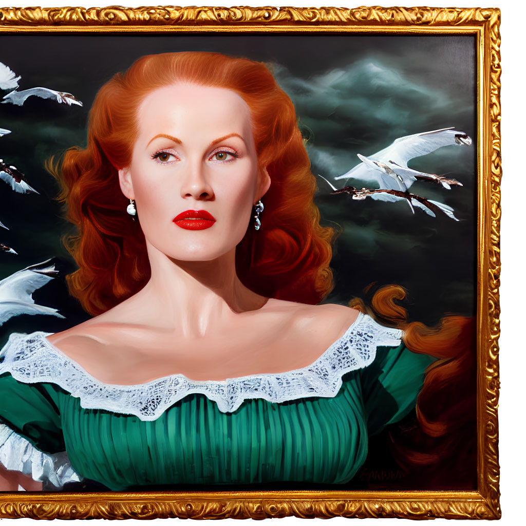 Portrait of Woman with Red Hair and Vintage Green Dress Surrounded by White Birds