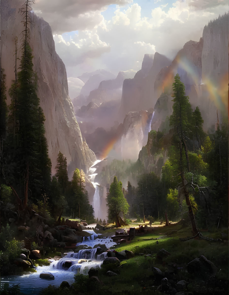 Tranquil Valley with Waterfall, River, Rainbow, and Greenery