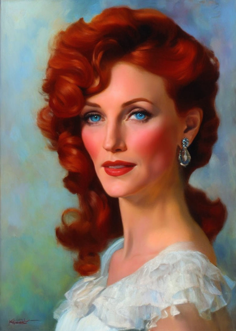 Portrait of a Woman with Red Hair and Blue Eyes in White Dress