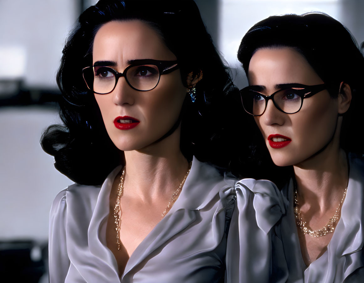 Identical women with black hair and glasses in satin blouse reflection.