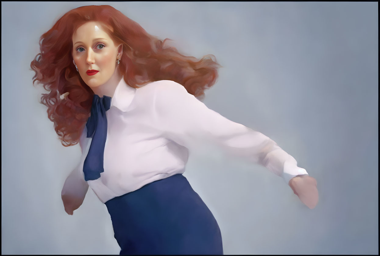 Digital painting of woman with flowing red hair in white blouse and navy blue scarf against soft blue background