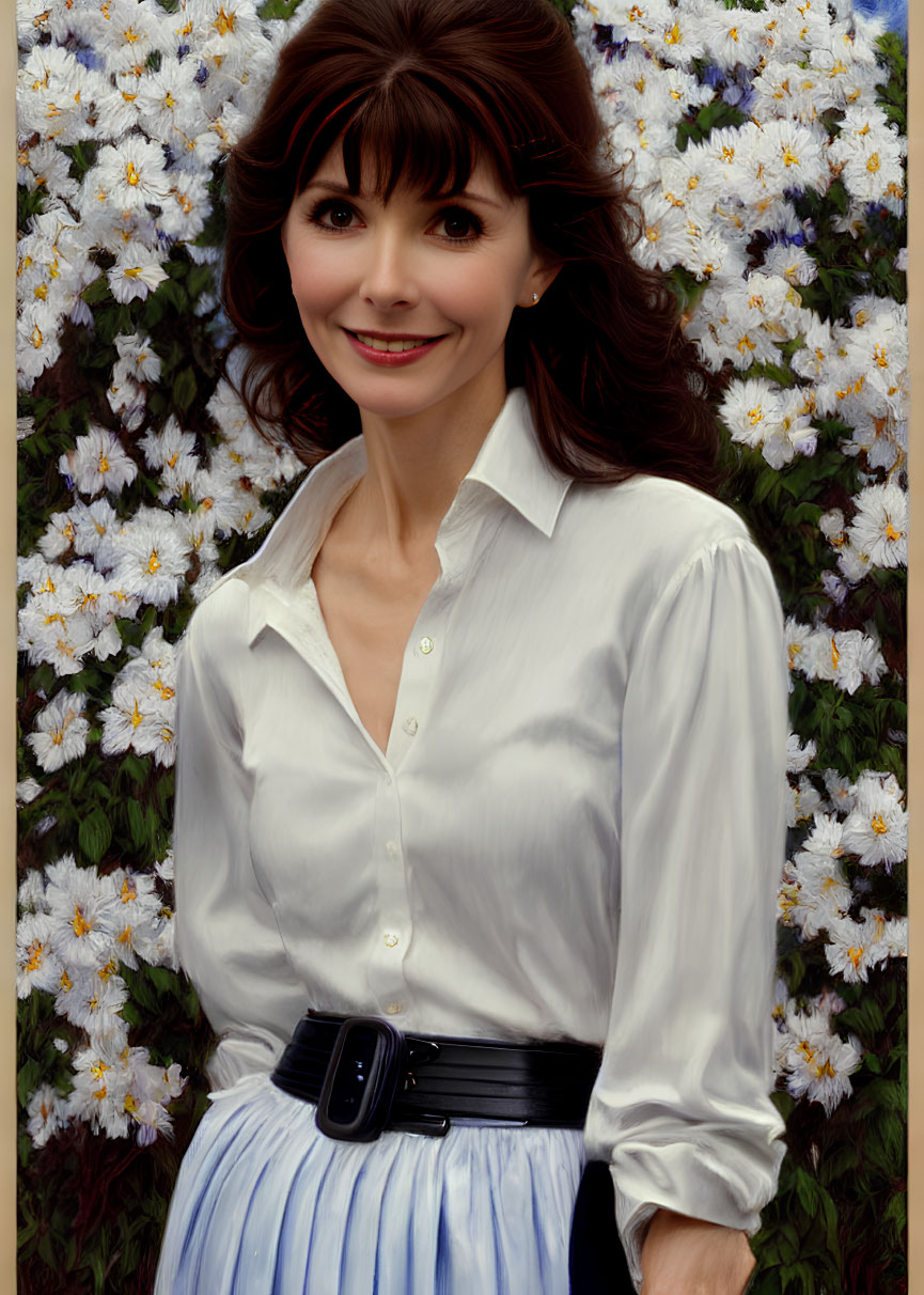 Brunette Woman Smiling in White Blouse and Blue Skirt