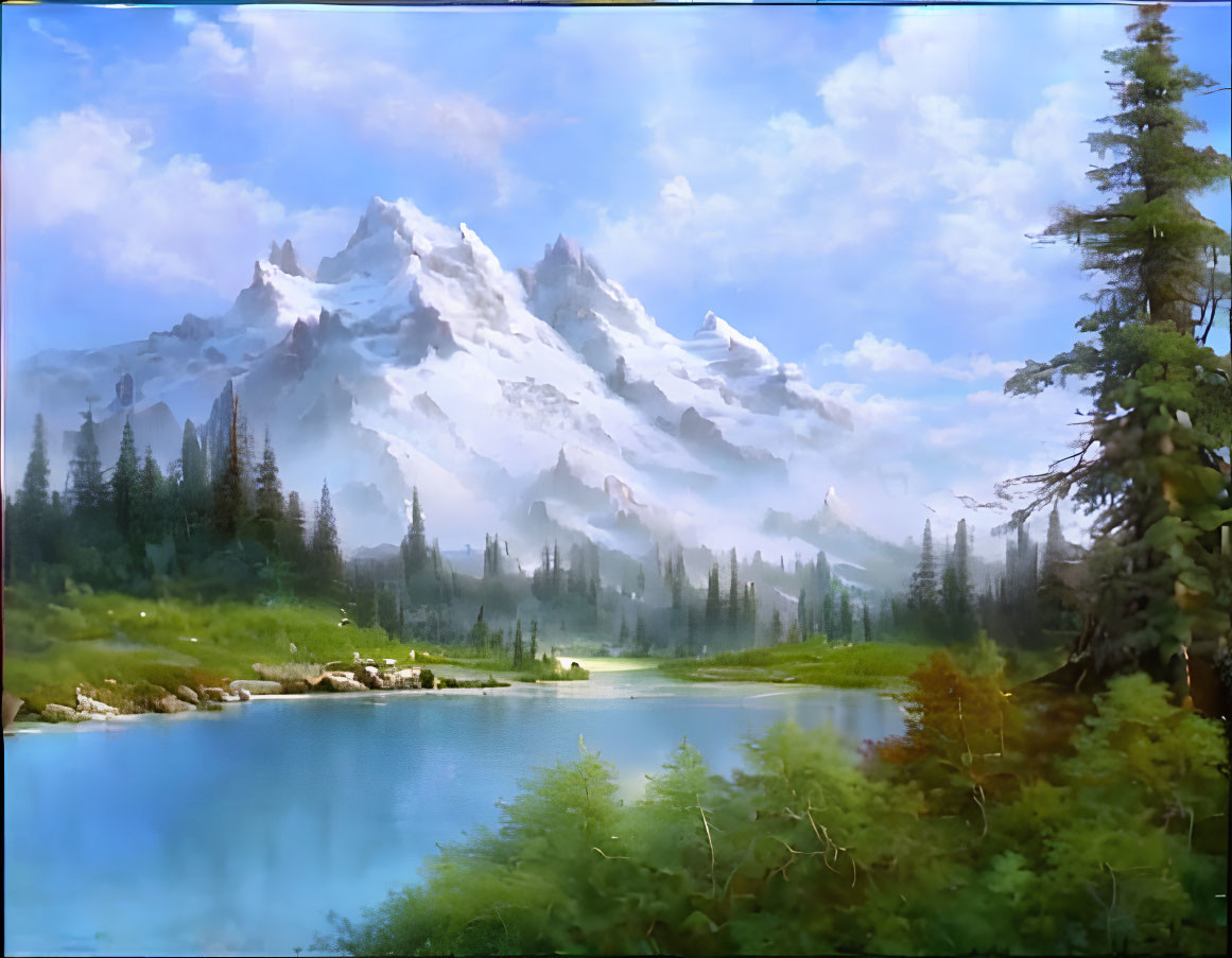 Serene landscape: crystal clear lake, snowy mountains, lush greenery