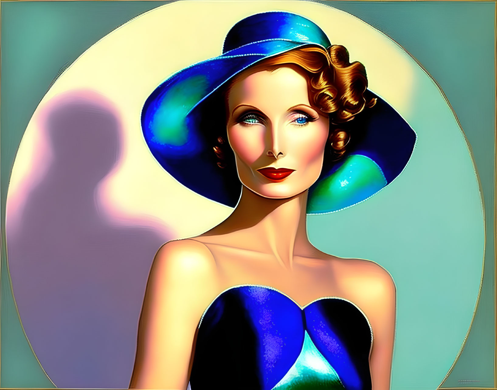 Vintage portrait of a woman in blue hat and dress on pastel background