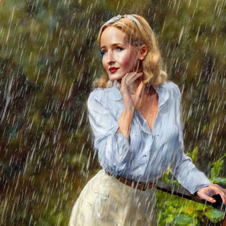 Contemplative woman in white shirt with blurred green rain background