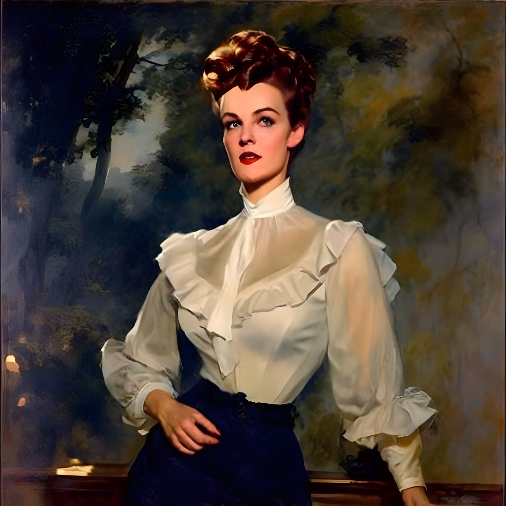 Vintage-Style Portrait of Woman in Ruffled Blouse and Navy Skirt