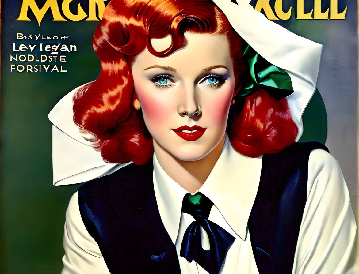 Classic Artwork: Red-Haired Woman in Green Bow & White Outfit with Text