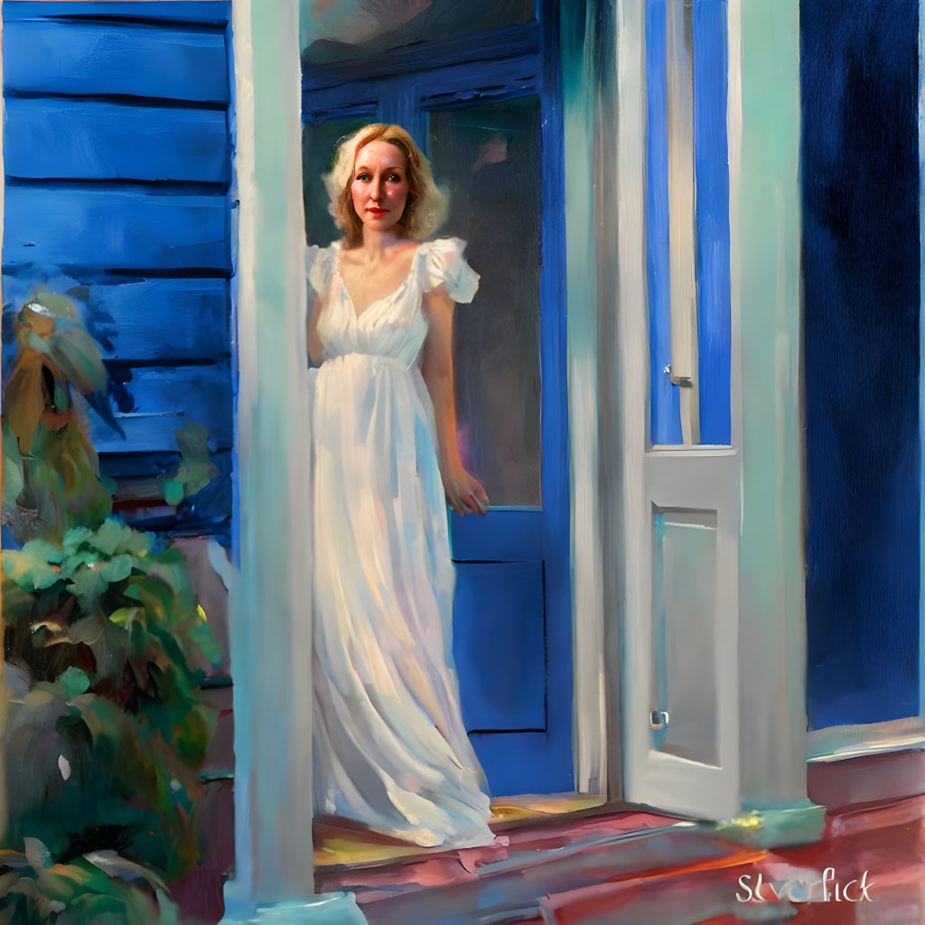 Woman in white dress at blue house entrance in warm evening light