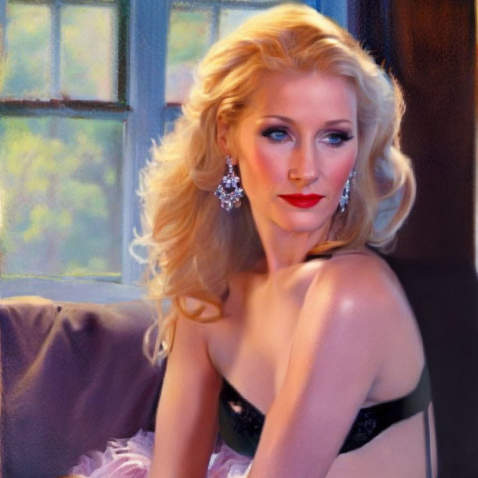 Blonde Woman Portrait with Red Lipstick and Earrings