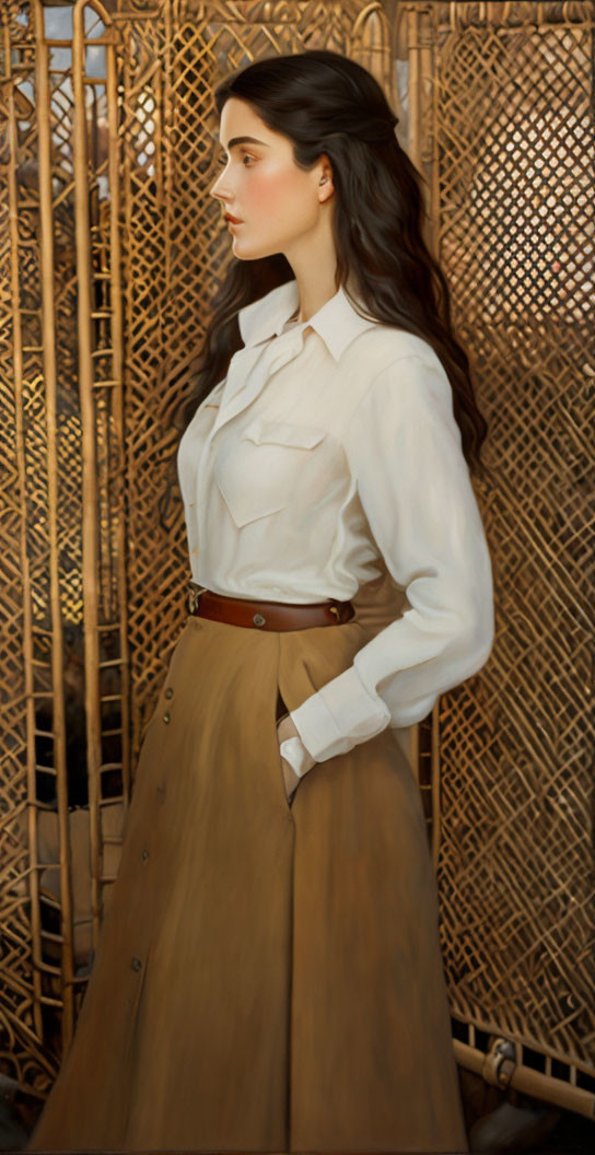 Vintage Style Woman in White Blouse and Brown Skirt on Woven Backdrop