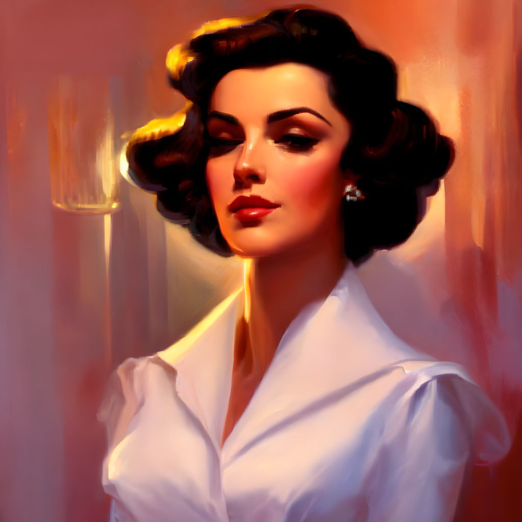 Portrait of woman with dark hair, earrings, white blouse, warm lighting, soft brushstrokes