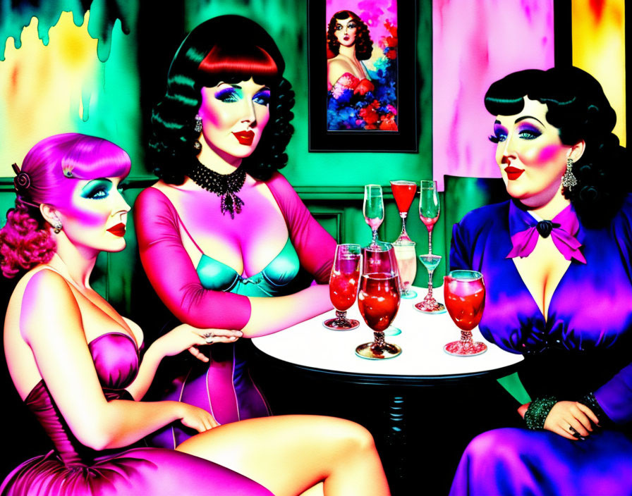 Vibrantly styled women in retro attire enjoying cocktails under neon lights