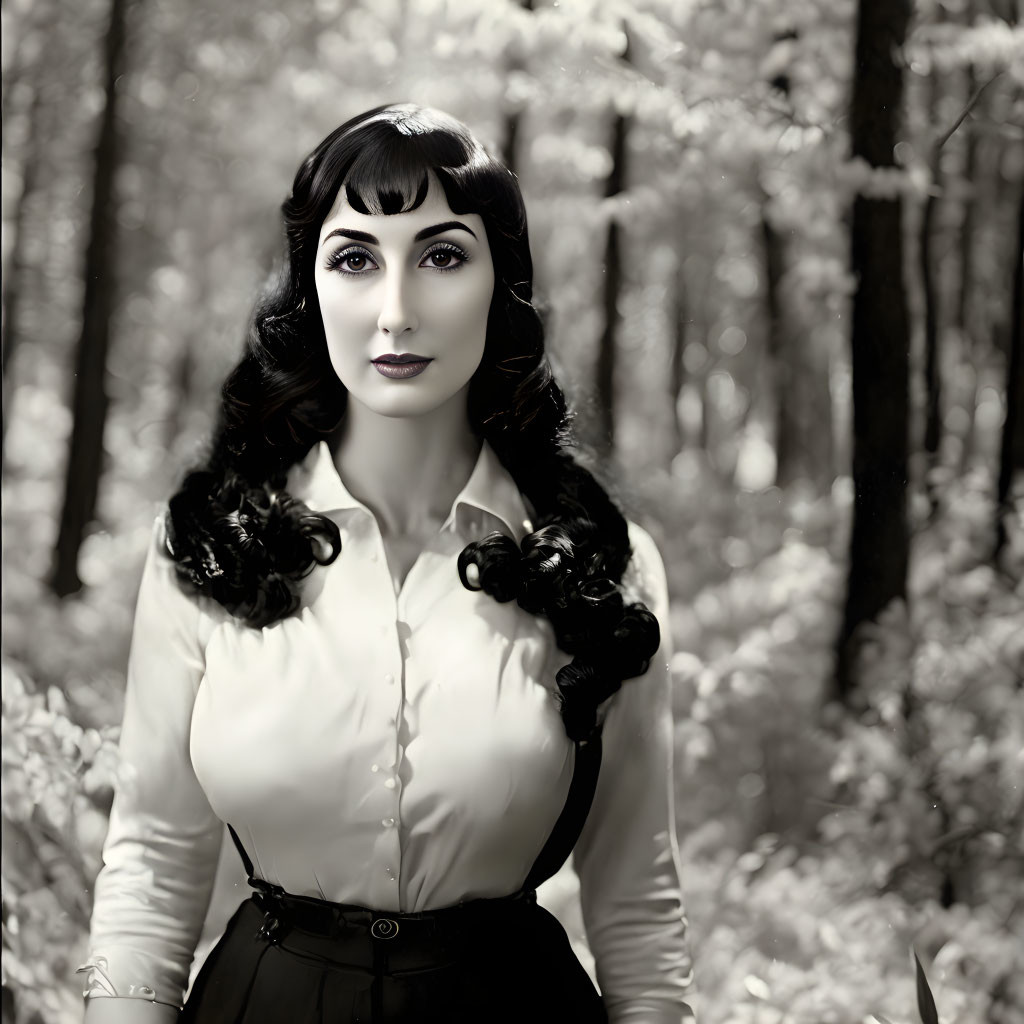 Monochrome portrait of woman with dark hair and vintage makeup in forest setting