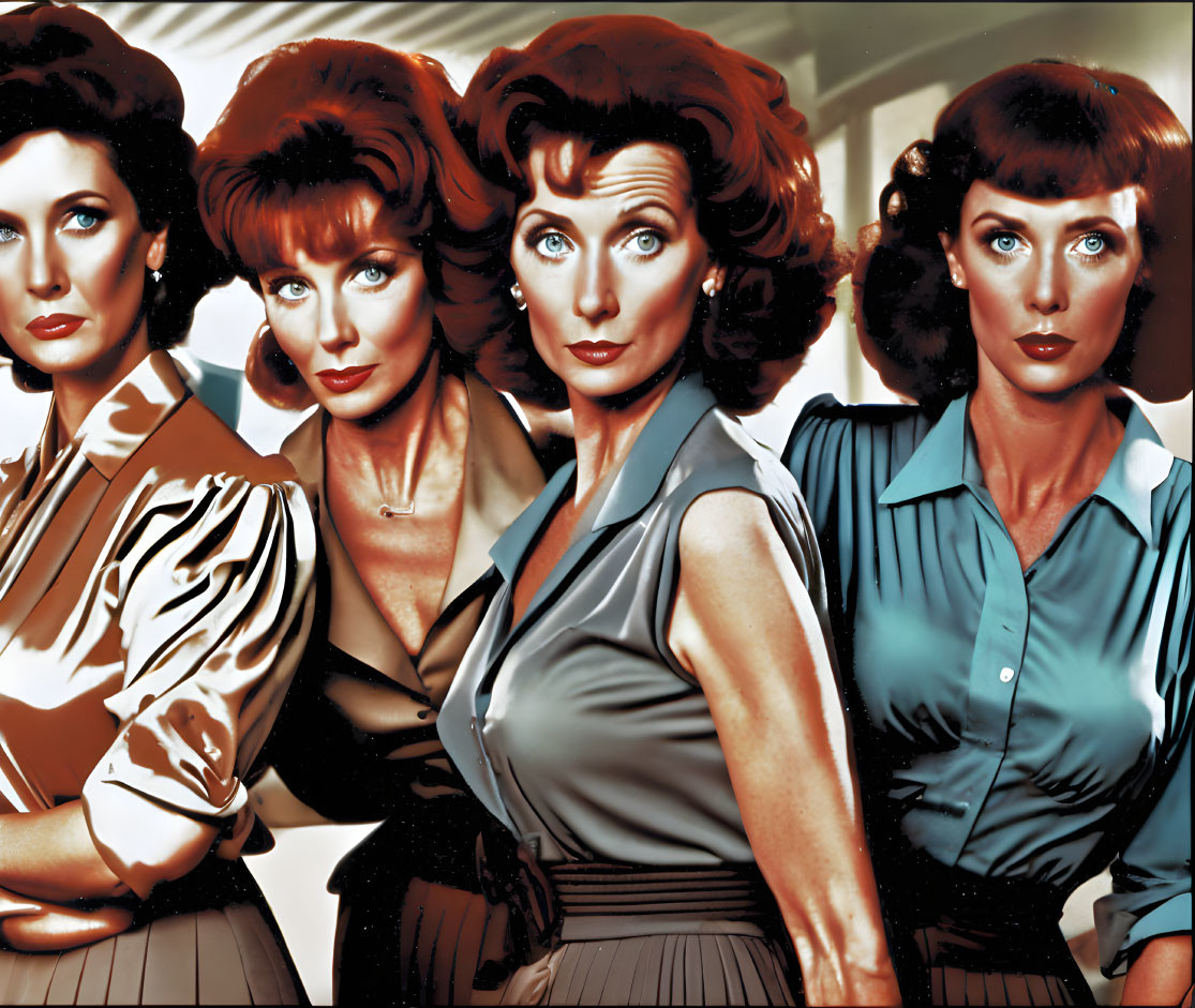 Four Women in Vintage Blouses Pose Intensely