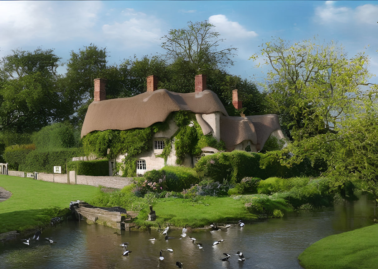 Thatched cottage surrounded by greenery and pond with ducks under vibrant sky