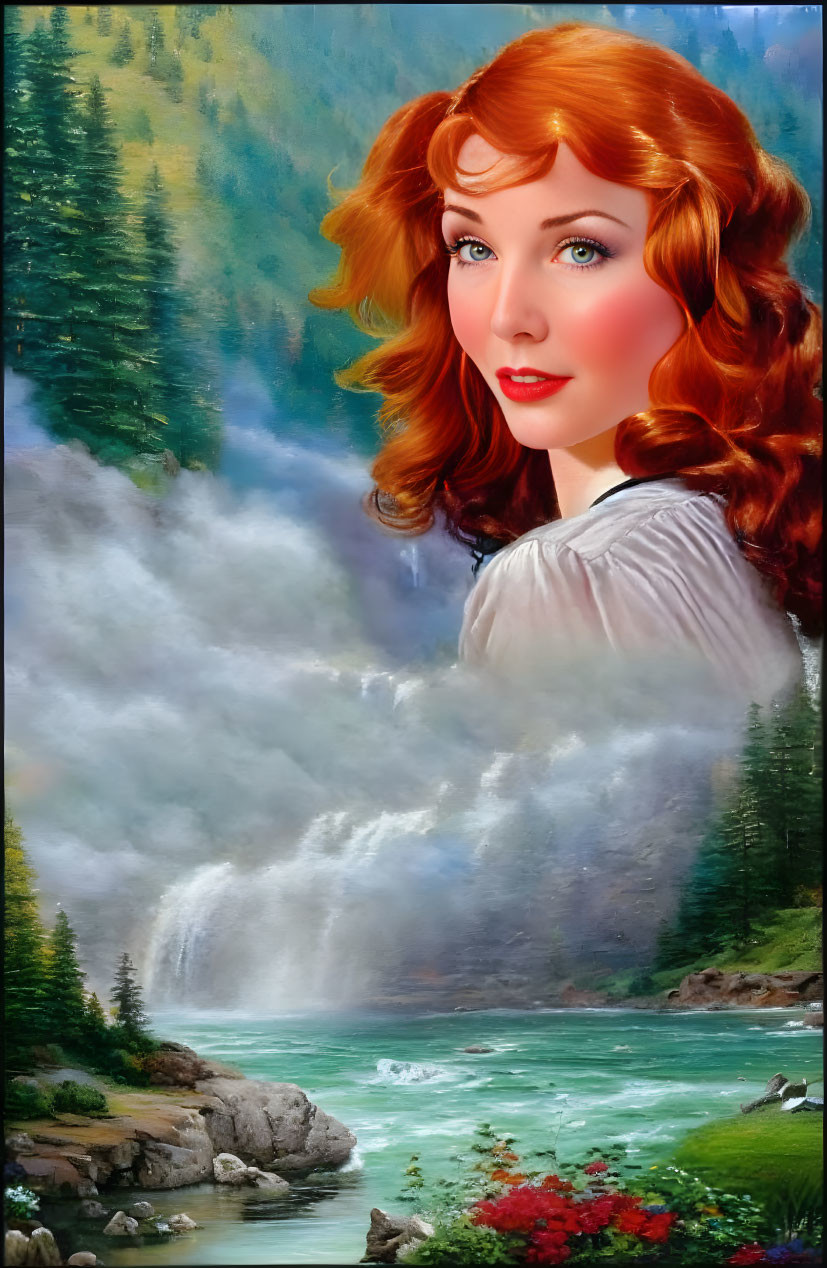 Red-haired woman portrait against scenic waterfall backdrop with river, pine trees, and flowers