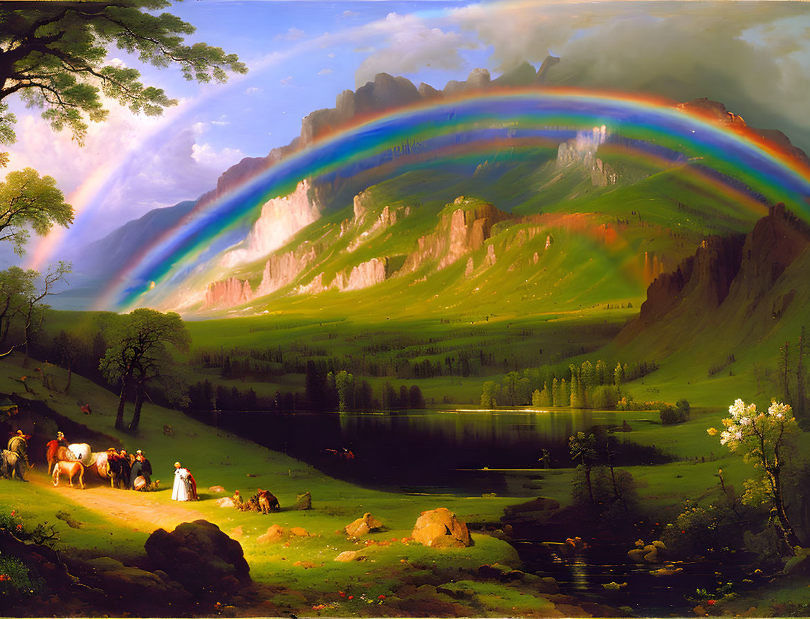 Colorful landscape painting with rainbow, mountains, and lakeshore