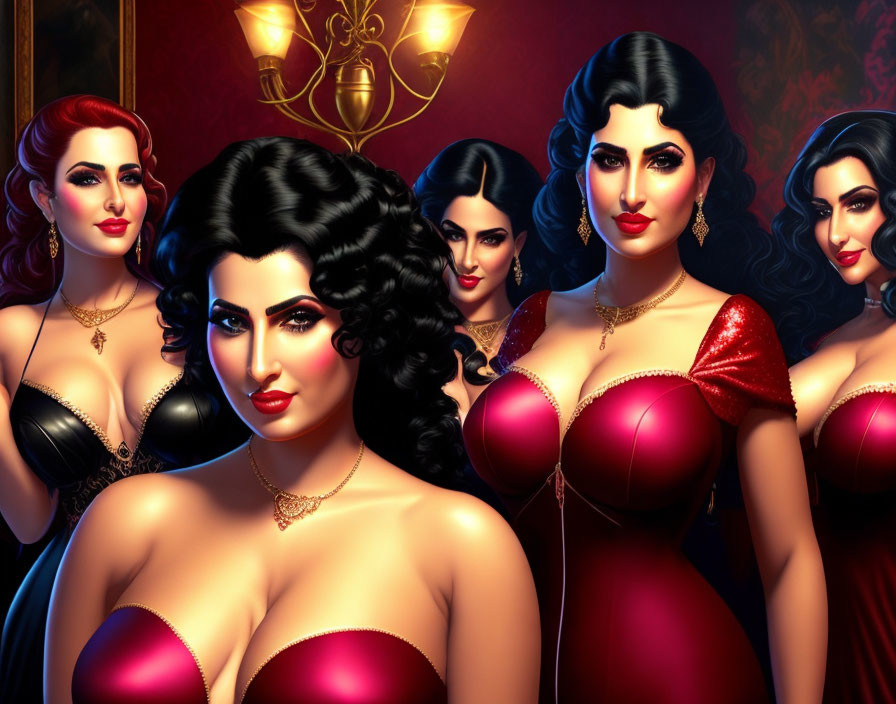 Five women in stylish outfits with glamorous hair and makeup in a luxurious room.