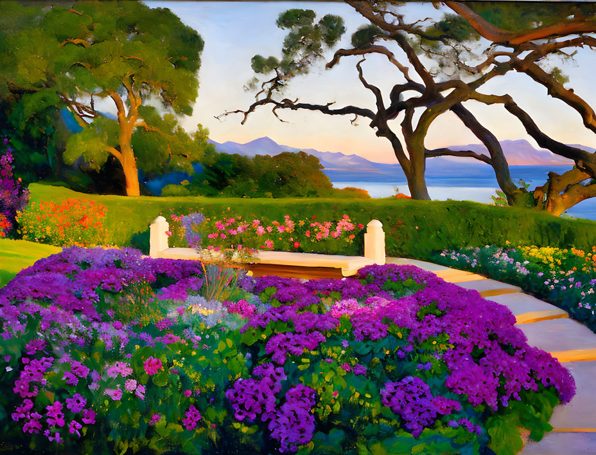 Colorful garden scene with purple flowers, white bench, twisting trees, and ocean sunset.