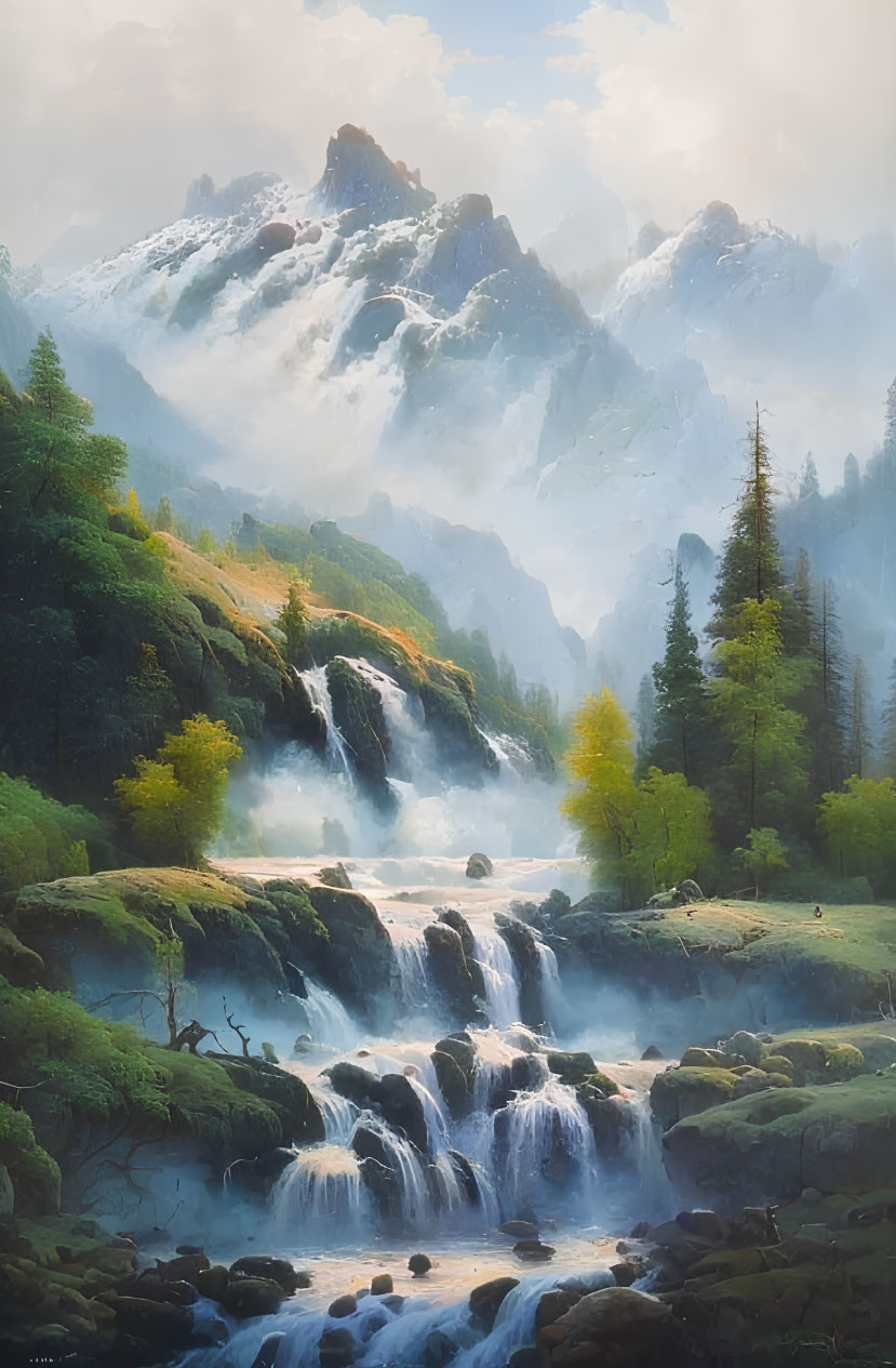 Tranquil landscape with waterfall, greenery, and snowy mountains