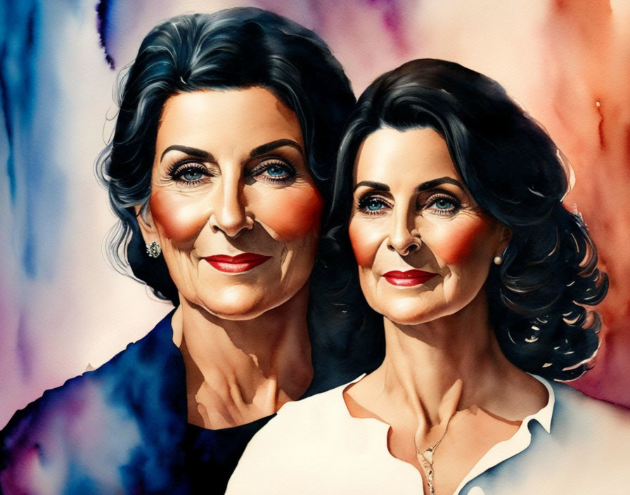 Twin women in watercolor with elegant features against vibrant background