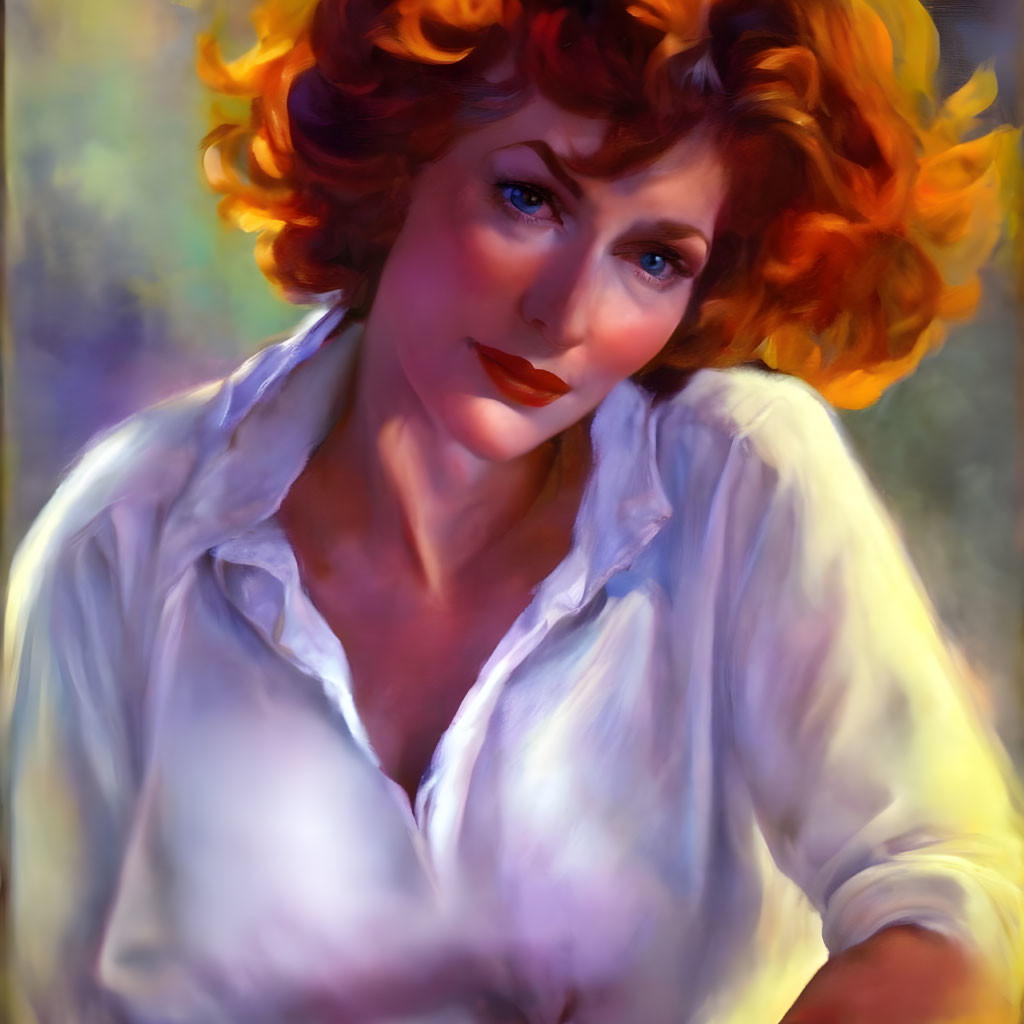 Portrait of Woman with Fiery Red Hair and Blue Eyes in White Blouse