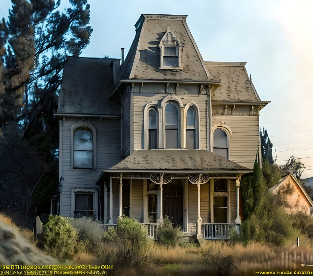 Victorian house with steep gabled roof and ornate windows in overgrown surroundings at dusk.