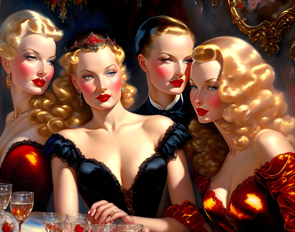 Stylized glamorous women in red and black attire at a table