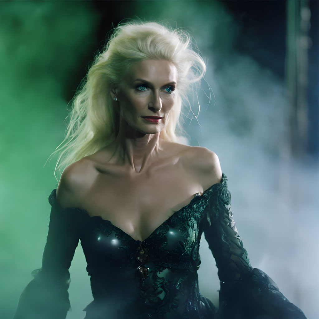 Platinum blonde woman in black lace gown on green-lit background