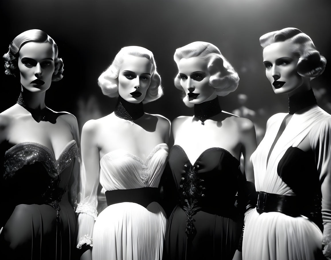 Vintage-style mannequin figures in 1930s fashion with elegant hairstyles and glamorous attire