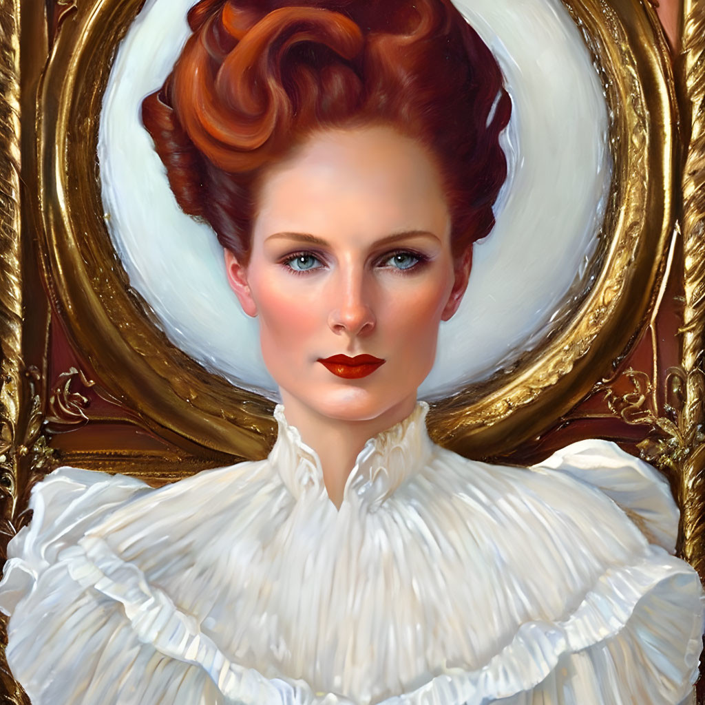 Portrait of Woman with Red Hair, Blue Eyes, White Blouse in Ornate Golden Frame