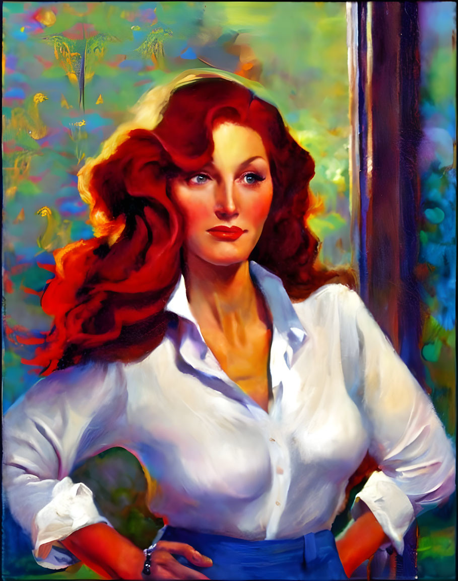 Portrait of Red-Haired Woman in White Blouse