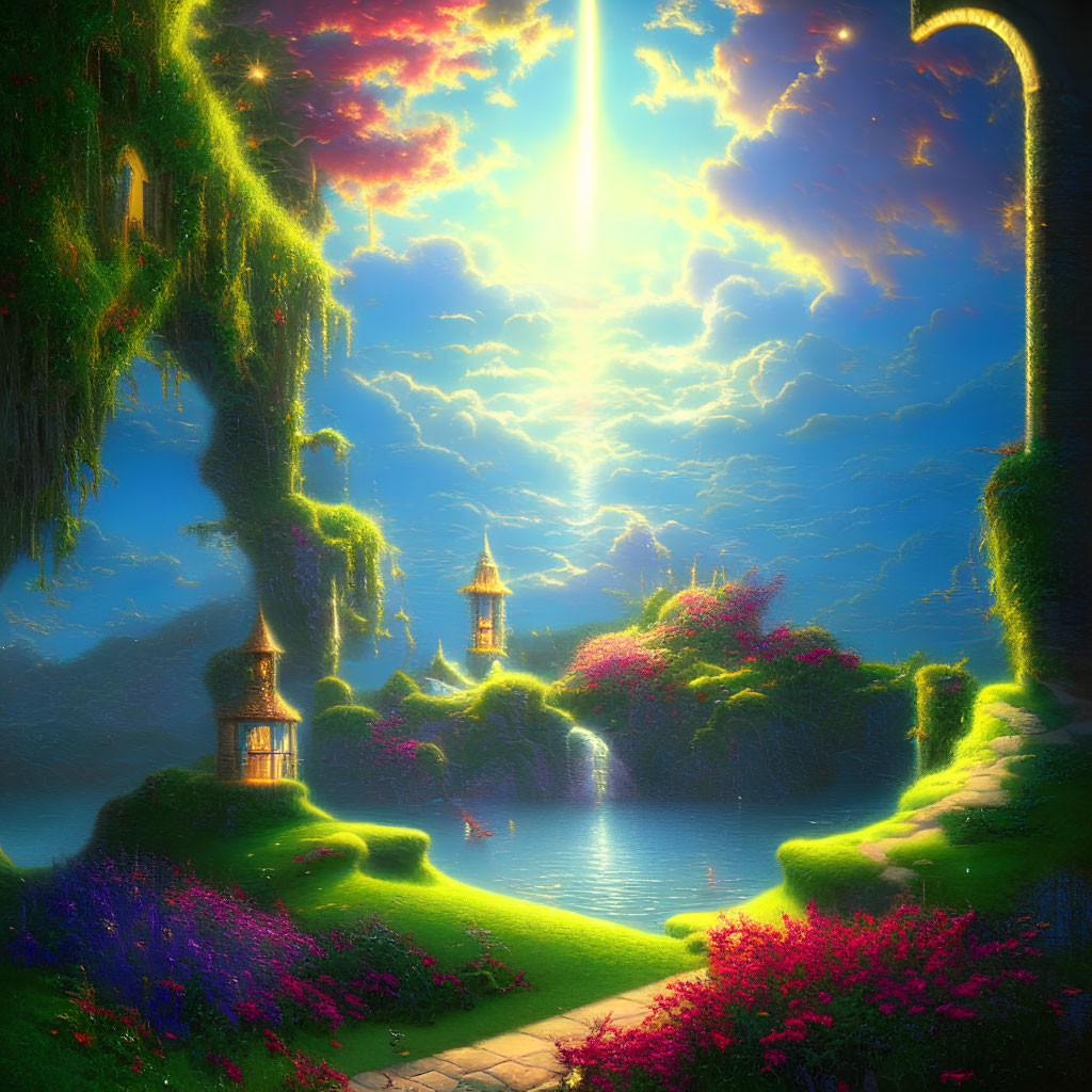 Colorful Fantasy Landscape with Sunbeam and Serene Lake