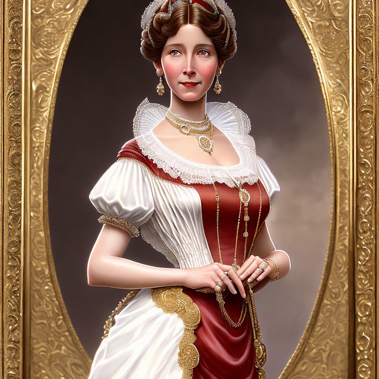 Digital artwork of woman in historical dress with red bodice, white sleeves, and gold jewelry in orn