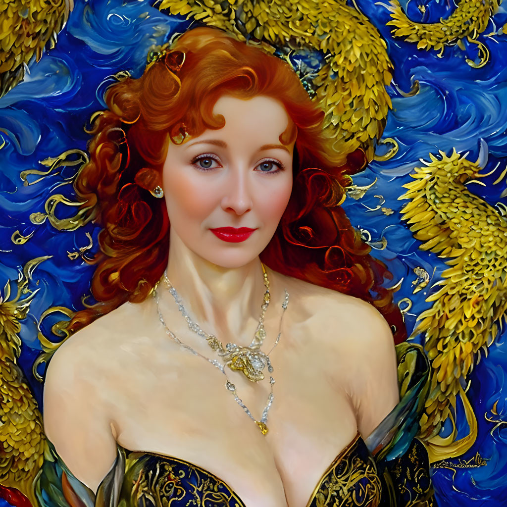 Portrait of Woman with Red Hair and Blue Eyes in Black and Gold Gown on Blue and Gold Background